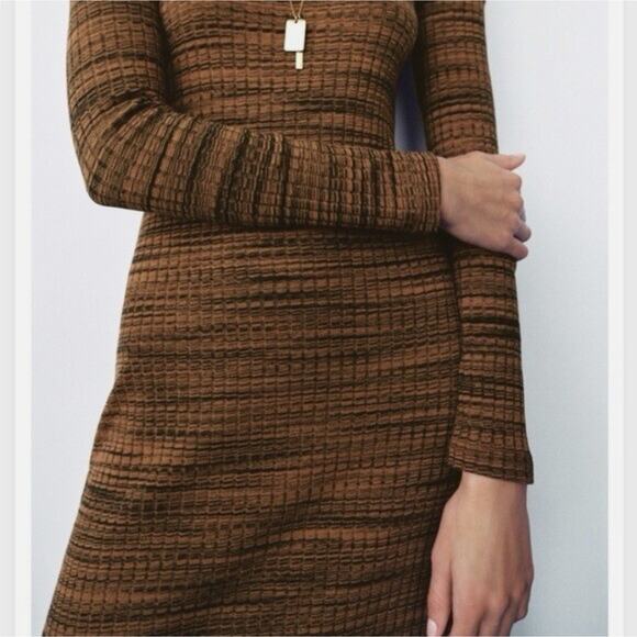 ZARA Brown Knit Cold Shoulder Long Sleeve Midi Dress Size S New NWT Ribbed - Picture 4 of 14